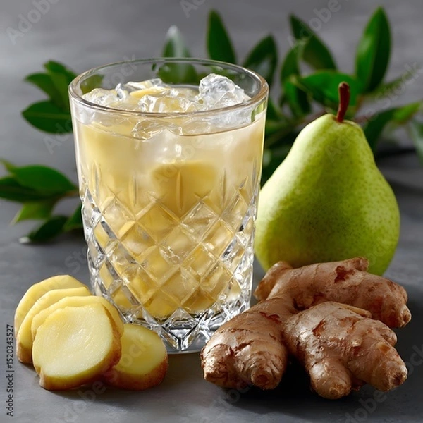 Fototapeta Refreshing pear and ginger drink in a crystal glass with ice