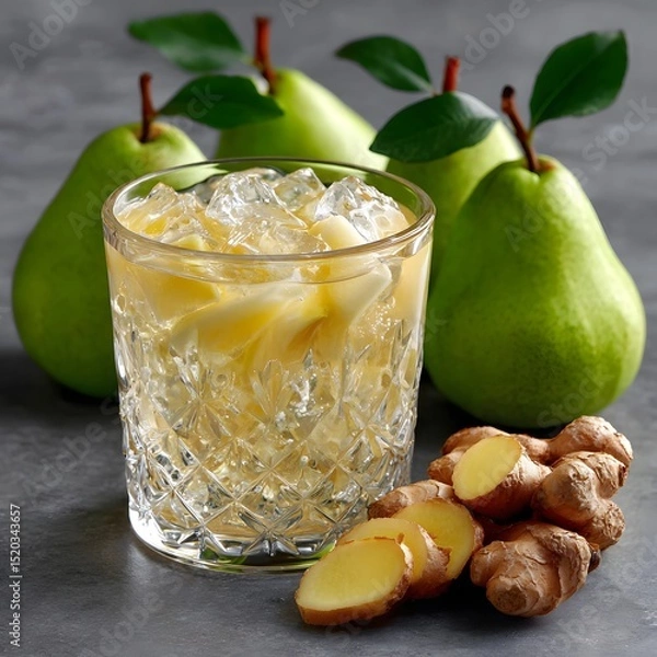 Fototapeta Refreshing pear and ginger drink in a glass, surrounded by pears and ginger slices