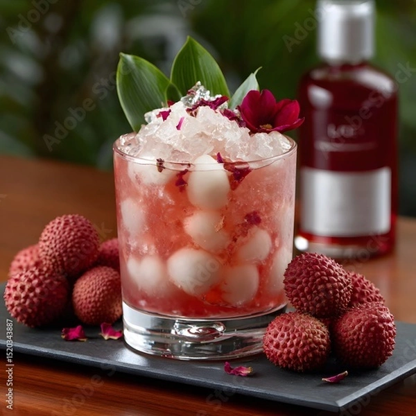 Fototapeta Refreshing, ruby-red cocktail with lychee