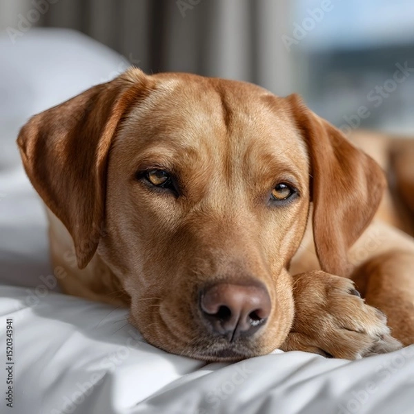Fototapeta Relaxed golden lab resting on white sheets