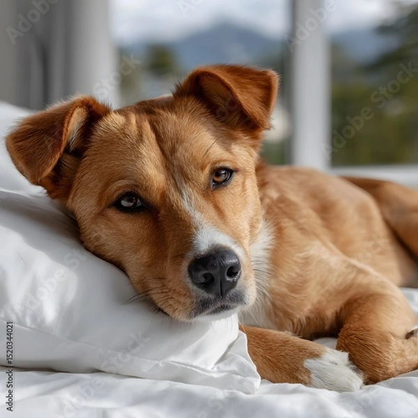 Fototapeta Relaxed light-brown dog resting on white sheets