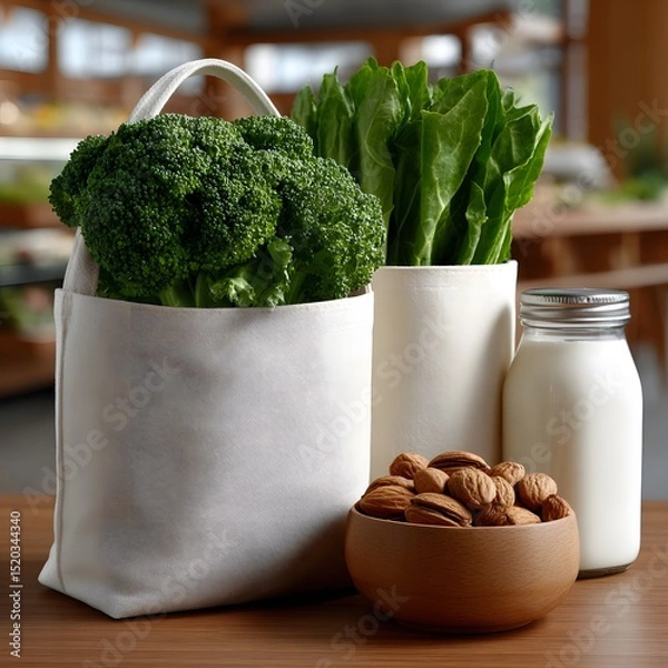 Fototapeta Reusable grocery bags filled with broccoli, leafy greens, and almonds, next to a milk carton