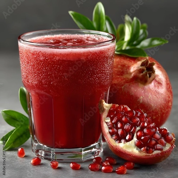 Fototapeta Ruby-red pomegranate juice smoothie in glass, fresh pomegranate arils and leaves