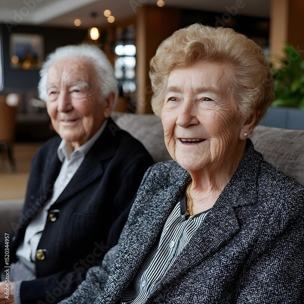 Fototapeta Smiling senior couple seated, enjoying a moment