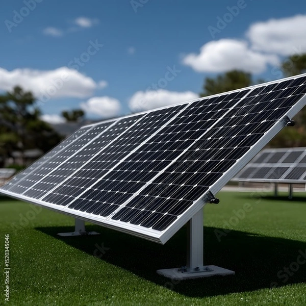 Fototapeta Solar panels on a grassy field against a partly cloudy sky