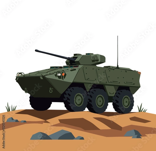 Fototapeta Military Armored Vehicle in Desert Terrain with Green Camouflage and Antenna Vector Illustration 