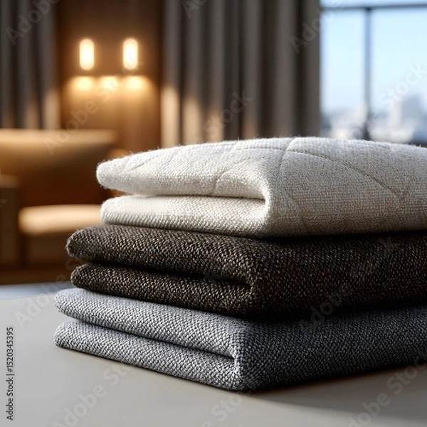 Fototapeta Stacked fabrics in cream, brown, and gray tones on a table in a modern room
