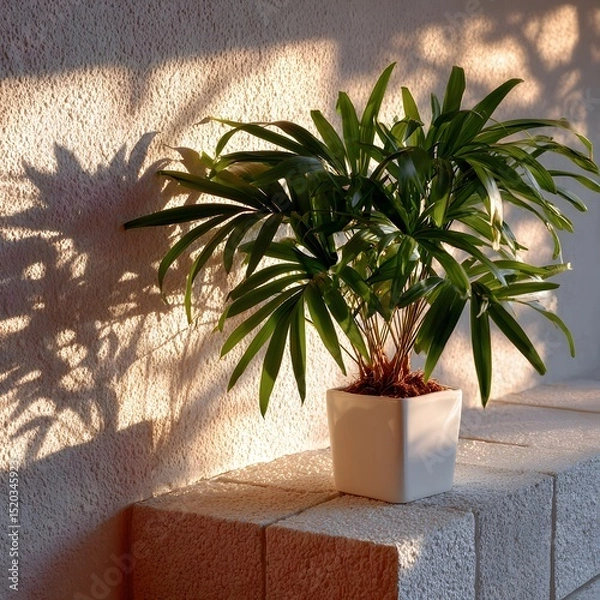 Fototapeta Sunlight casts shadows on a small palm plant in a white pot