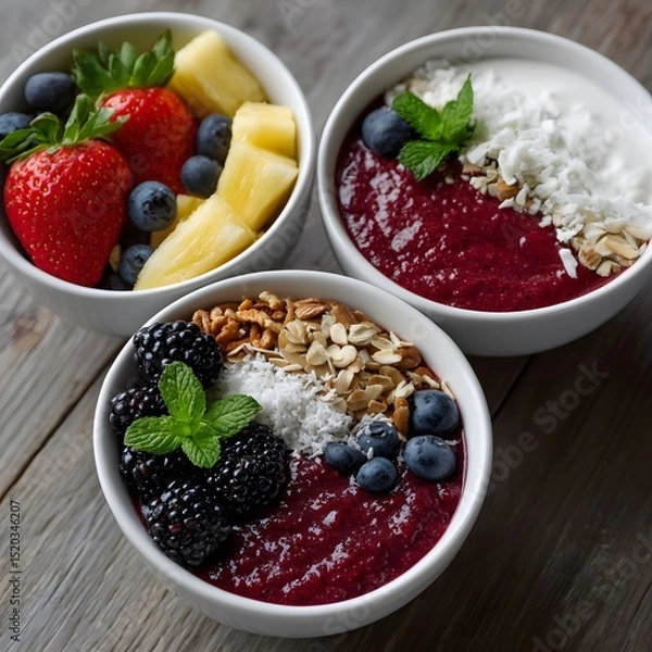 Fototapeta Three bowls of colorful healthy breakfast parfaits