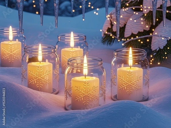 Fototapeta Cozy Winter Scene Illuminated by Lit Candles in Mason Jars and Festive Twinkling Lights in Snowy Ambiance