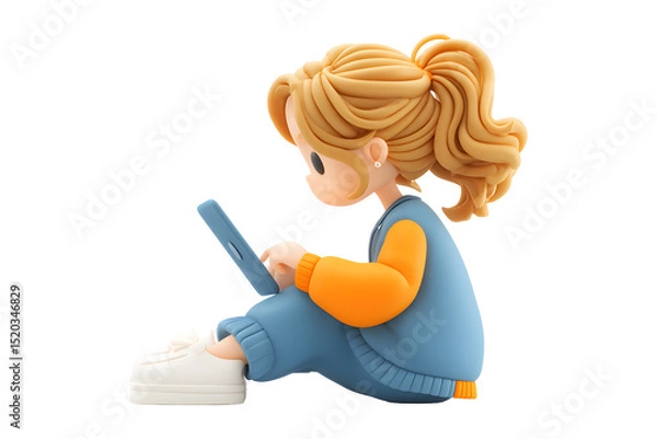Fototapeta Cartoon girl sitting and using tablet on transparent background, isolated design