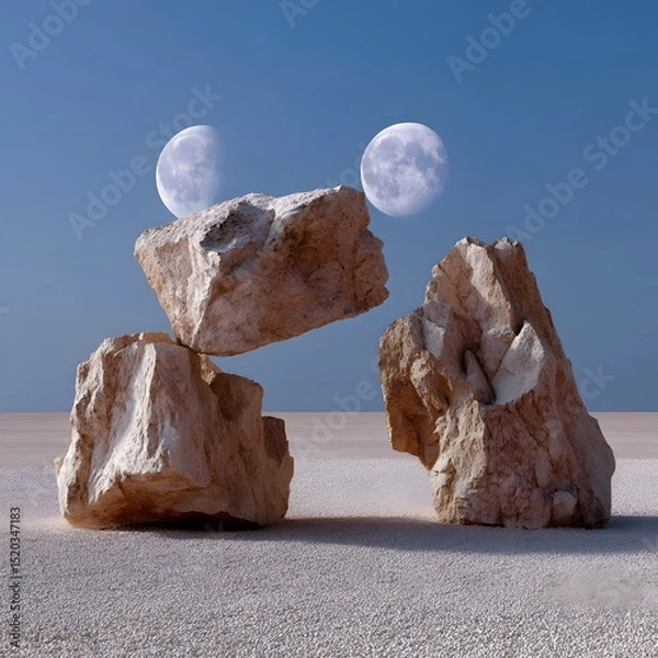 Fototapeta Three light beige rocks balanced on a light beige sand surface, with two pale moons in a clear blue sky