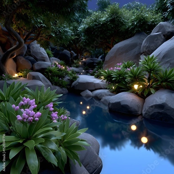 Fototapeta Tranquil nighttime garden path by a stream. Lush greenery, rocks, and pink flowers line a pathway next to a still body of water.  Soft lighting
