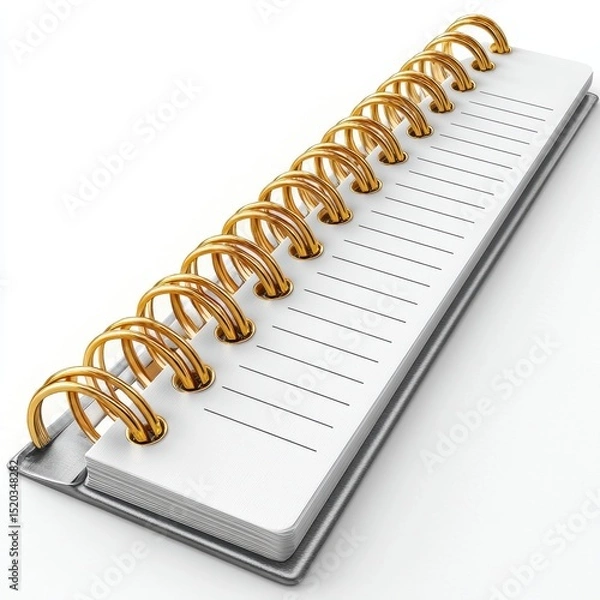 Fototapeta White Paper Notebook with Gold Metallic Wire Binding Over White Background
