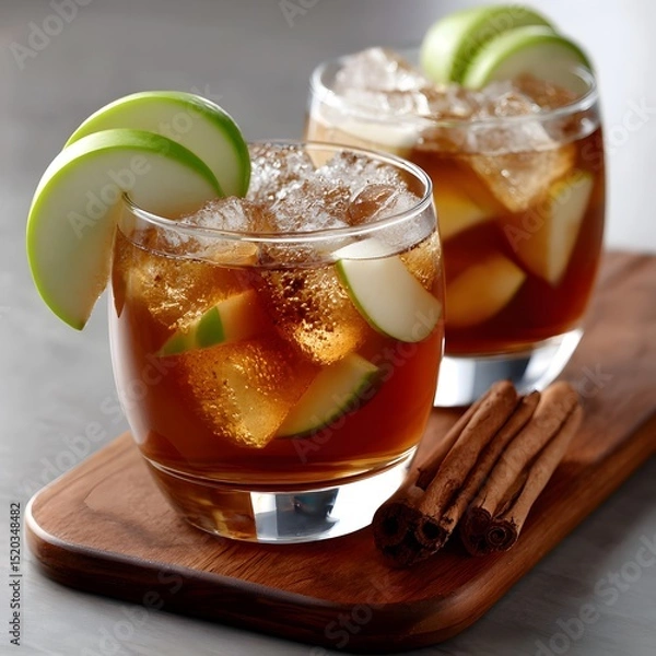 Fototapeta Two cocktails garnished with apple slices and cinnamon sticks