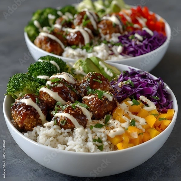 Fototapeta Two colorful bowls of rice topped with meatballs, various vegetables, and a sauce