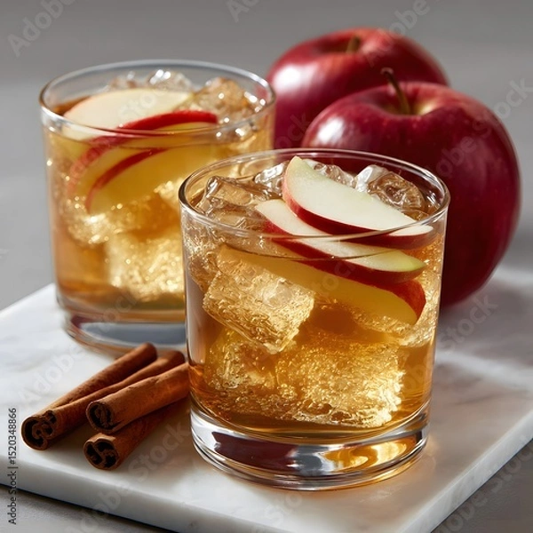 Fototapeta Two glasses of iced apple drink, garnished with apple slices and cinnamon sticks, next to two whole apples