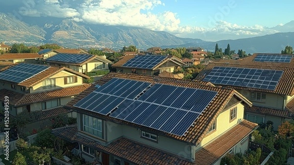 Obraz Solar panel optimization demonstration on clay tile roofs with strategic positioning for maximum energy capture in residential community