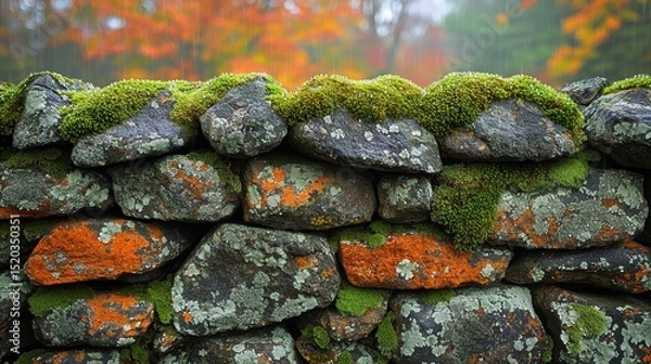 Obraz New England stonewalls displaying rich orange lichen colonies and moss patches on weathered stone surface, autumn setting with bokeh fall foliage creating natural texture composition