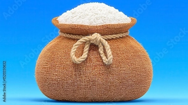 Fototapeta White Rice in Burlap Sack, Low Polygonal Style, Blue Background