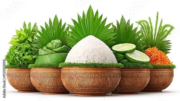 Fototapeta White Rice with Fresh Herbs and Citrus in Carved Wooden Bowls