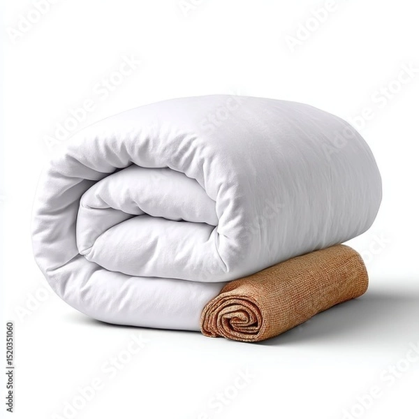 Fototapeta White Rolled Comforter on Brown Patterned Bathmat in Soft Studio Lighting