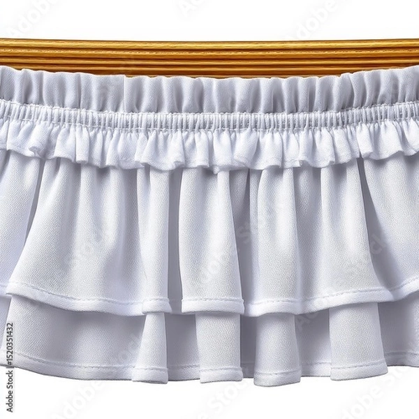 Fototapeta White Ruffled Three Layered Curtain Below Gold Rail Decoration On White Background