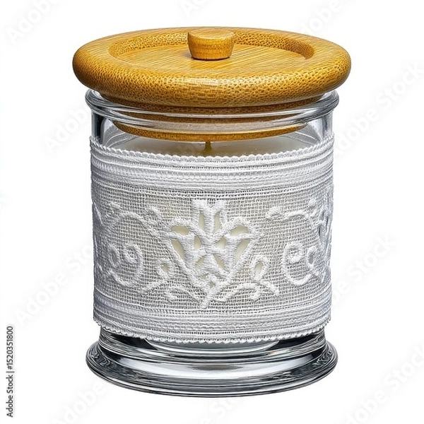 Fototapeta White Scented Candle in Etched Glass Jar with Wooden Lid