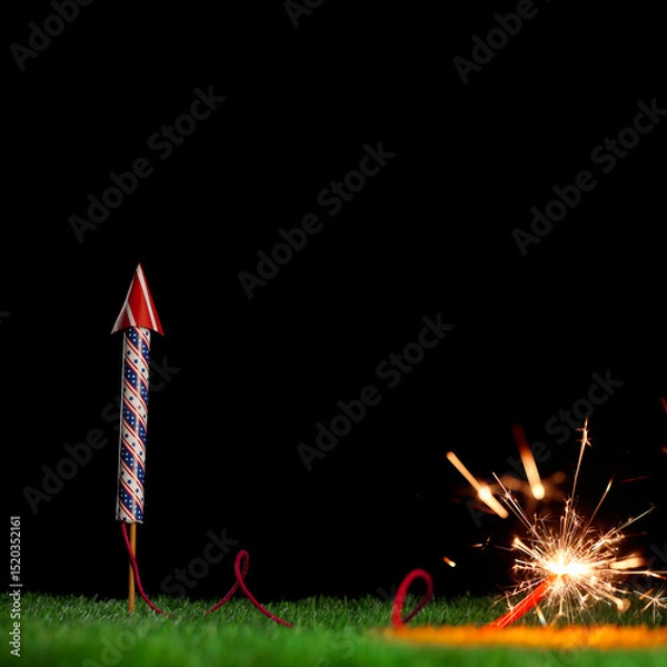 Fototapeta 4th of July bottle rocket or fireworks in USA colors of red, white, and blue with lit sparkling firework fuse for patriotic US American 4th of July celebration.