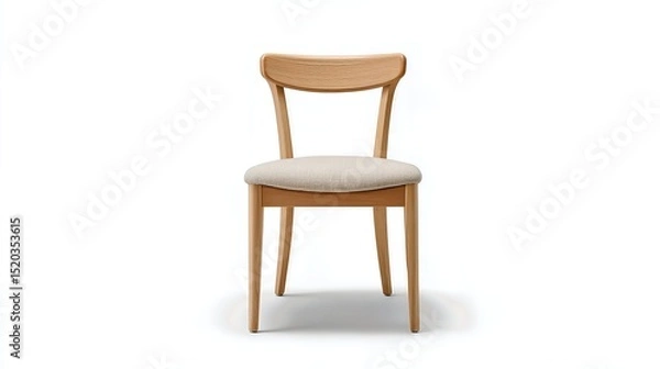 Fototapeta Front view of a modern wooden chair with a beige cushioned seat against a white background