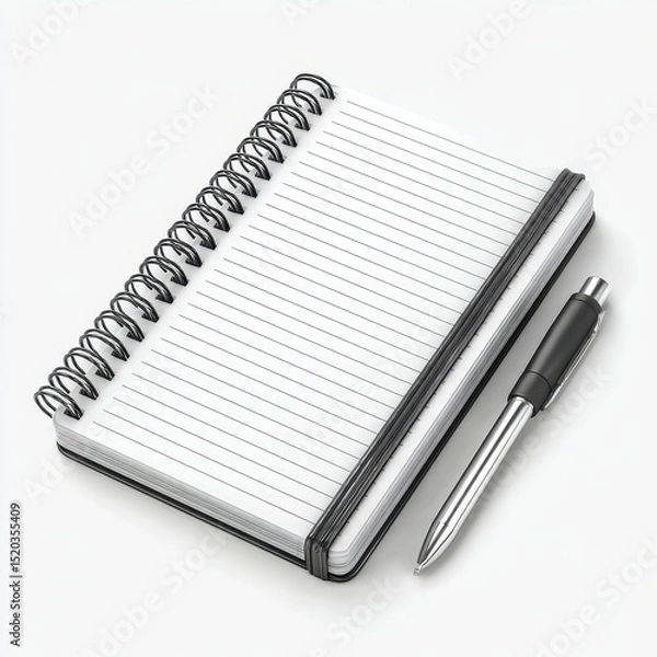 Fototapeta White Spiral Notebook with Dotted Pages and a Sleek Pen on Neutral Surface