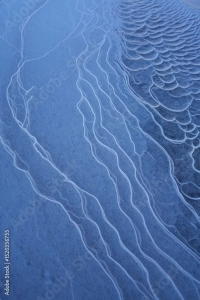 Fototapeta Close-up of textured ice surface with natural patterns including curved lines and scale-like formations in cool blue tones evoking calm and cold atmosphere