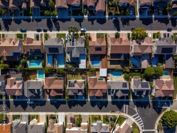 Fototapeta Aerial view of a suburban neighborhood with rows of houses featuring backyards, swimming pools, driveways, and parked cars under bright sunlight
