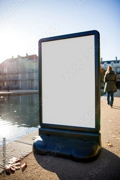 Fototapeta empty black-framed advertisement board standing outdoors on a sunny pavement near water with buildings and a person walking away in the background