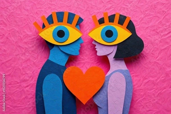 Fototapeta Abstract colorful paper cutout of a blue man and purple woman facing each other with large yellow eyes and an orange heart between them on a pink textured background