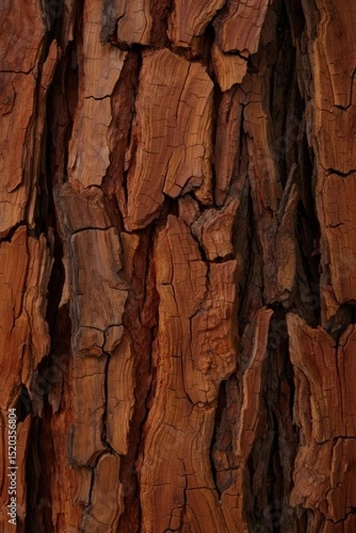 Fototapeta Close-up view of deeply textured, cracked, and rugged brown tree bark showcasing natural patterns and rough surface