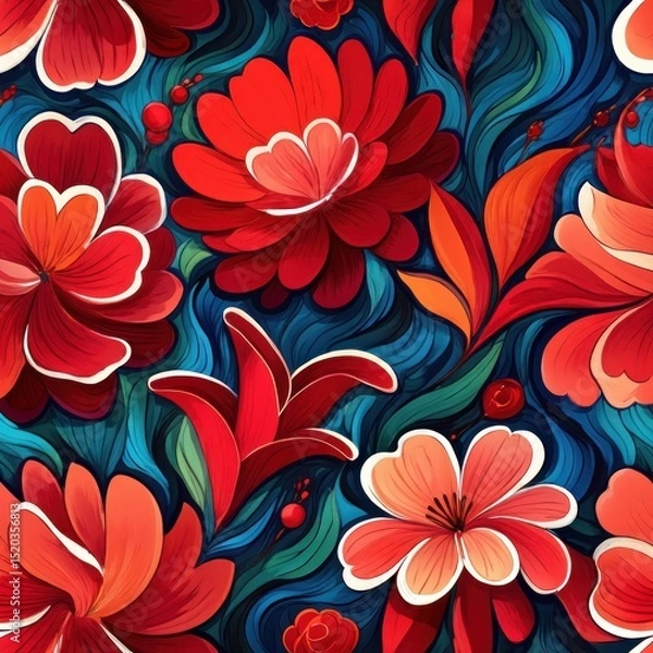 Fototapeta Vibrant red and orange flowers with lush green and blue swirling leaves creating a dynamic and lively floral pattern