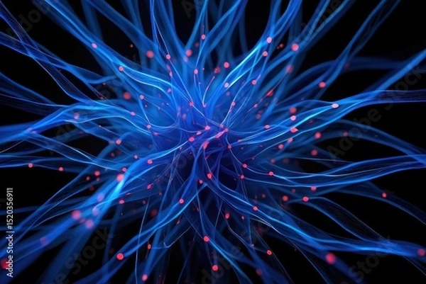 Fototapeta Abstract complex blue and translucent intertwining fibers with glowing red dots on a dark background, evoking a sense of intricate connectivity and dynamic energy.