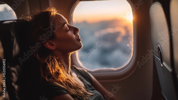 Fototapeta Serene moment woman watching sky from airplane cloudy horizon