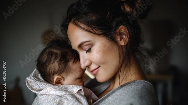 Fototapeta Caring mother embraces quiet infant intimate portrait home soft light