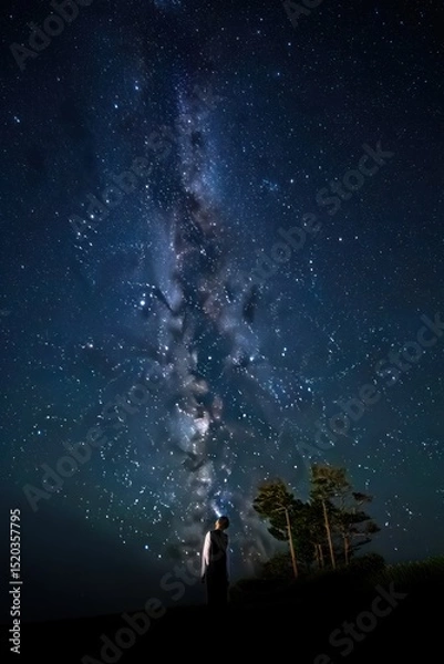 Fototapeta Person standing on a grassy hill at night looking up at a vibrant, star-filled sky with the Milky Way galaxy stretching vertically overhead near a group of tall trees