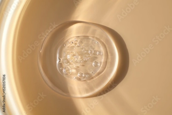 Fototapeta Clear transparent gel droplet with small bubbles inside reflecting soft warm light on beige surface