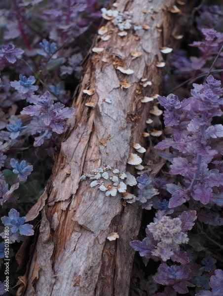 Fototapeta Close-up of a decaying tree log with small white fungi growing on it surrounded by purple and blue leafy plants in a natural setting