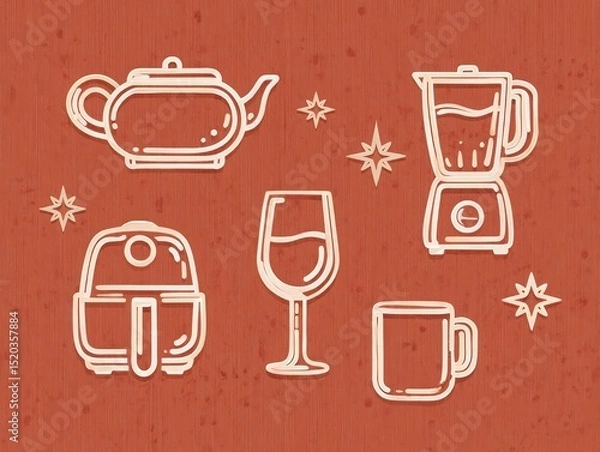 Fototapeta Simple line art icons of various kitchen appliances and drinkware including a teapot, air fryer, wine glass, blender, and mug with decorative stars on a textured brown background
