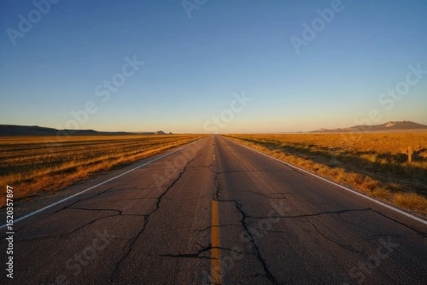 Fototapeta Empty cracked asphalt road stretching straight into the horizon under clear blue sky with golden fields and distant low mountains bathed in warm sunlight