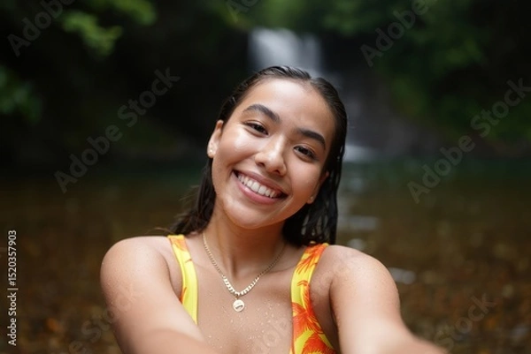 Fototapeta Smiling young woman in a colorful swimsuit taking a selfie in a natural water pool with a waterfall and lush greenery in the background