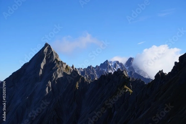 Fototapeta Jagged rocky mountain peaks illuminated by sunlight under a clear blue sky with some clouds enveloping distant peaks