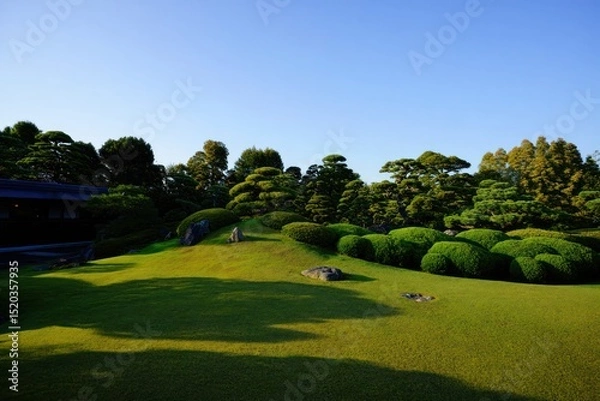 Fototapeta Serene Japanese garden landscape with manicured bushes, rounded pine trees, large rocks, and lush green grass under clear blue sky