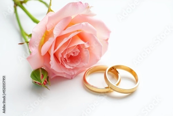 Fototapeta close-up of a single pink rose with green stem and bud placed beside two golden wedding rings on a white background evoking romance and commitment