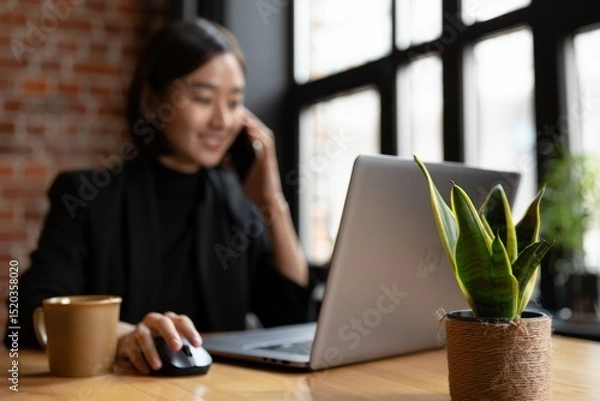 Fototapeta woman using a laptop and mouse in a cozy indoor setting with a potted plant and a cup on the wooden table near a large window during daytime